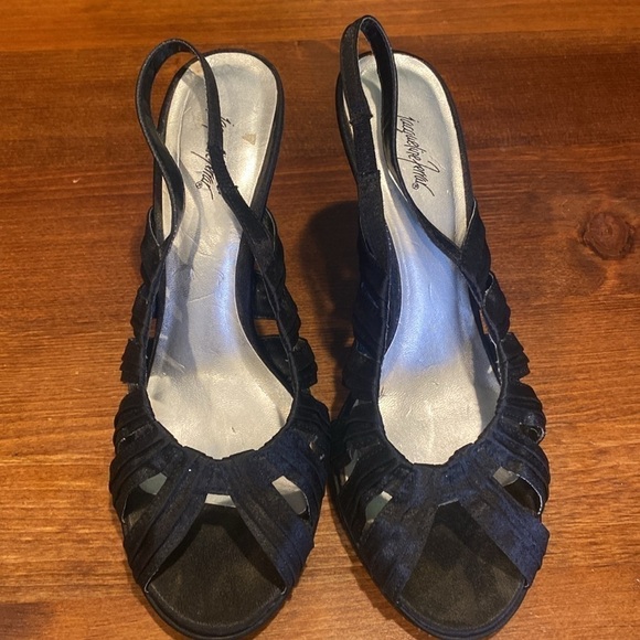 Jacqueline Ferrar💗Gayle Black Satin 4"Hi Heel Sling Back Open Toe Shoes💗Sz 8M - Picture 3 of 11